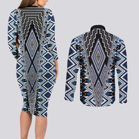 Blue Aotearoa Tukutuku and Poutama Motif Couples Matching Long Sleeve Bodycon Dress and Long Sleeve Button Shirt LT03 - Polynesian Pride