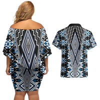 Blue Aotearoa Tukutuku and Poutama Motif Couples Matching Off Shoulder Short Dress and Hawaiian Shirt LT03 - Polynesian Pride