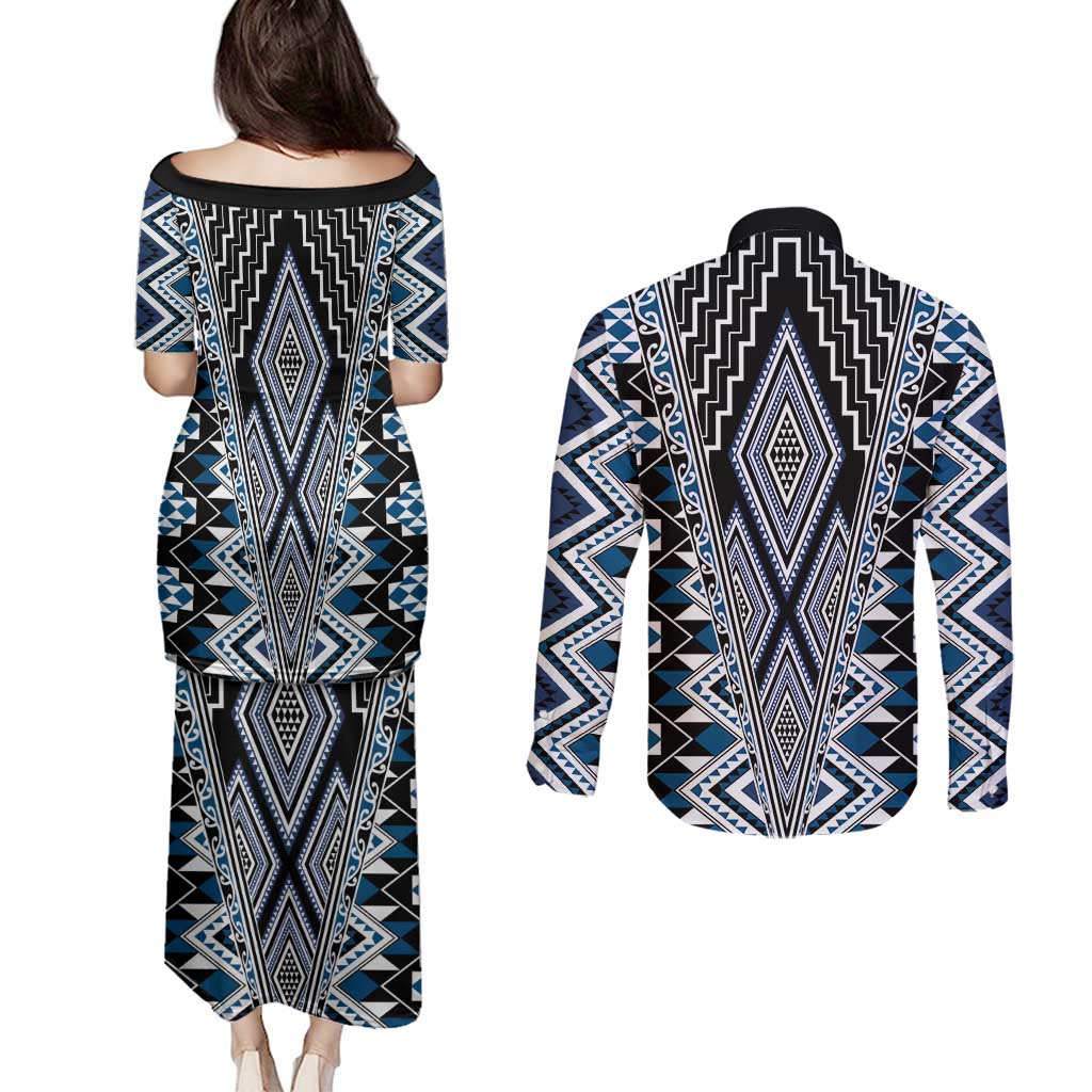 Blue Aotearoa Tukutuku and Poutama Motif Couples Matching Puletasi and Long Sleeve Button Shirt LT03 - Polynesian Pride