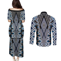 Blue Aotearoa Tukutuku and Poutama Motif Couples Matching Puletasi and Long Sleeve Button Shirt LT03 - Polynesian Pride
