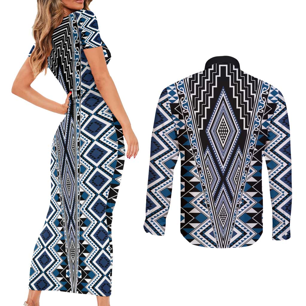 Blue Aotearoa Tukutuku and Poutama Motif Couples Matching Short Sleeve Bodycon Dress and Long Sleeve Button Shirt LT03 - Polynesian Pride