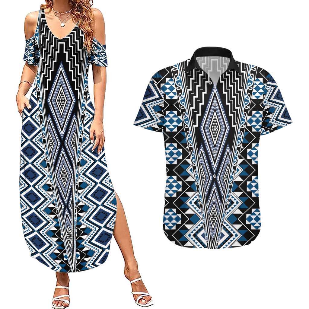 Blue Aotearoa Tukutuku and Poutama Motif Couples Matching Summer Maxi Dress and Hawaiian Shirt LT03 Blue - Polynesian Pride