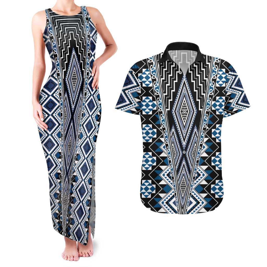 Blue Aotearoa Tukutuku and Poutama Motif Couples Matching Tank Maxi Dress and Hawaiian Shirt LT03 Blue - Polynesian Pride