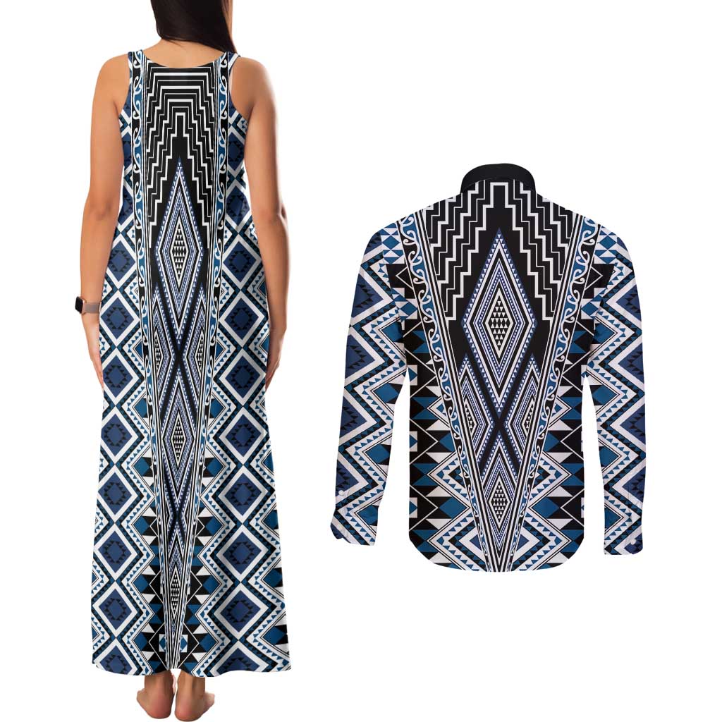 Blue Aotearoa Tukutuku and Poutama Motif Couples Matching Tank Maxi Dress and Long Sleeve Button Shirt LT03 - Polynesian Pride