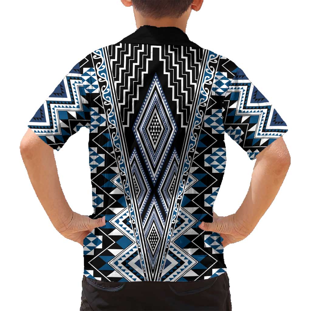 Blue Aotearoa Tukutuku and Poutama Motif Family Matching Long Sleeve Bodycon Dress and Hawaiian Shirt LT03 - Polynesian Pride