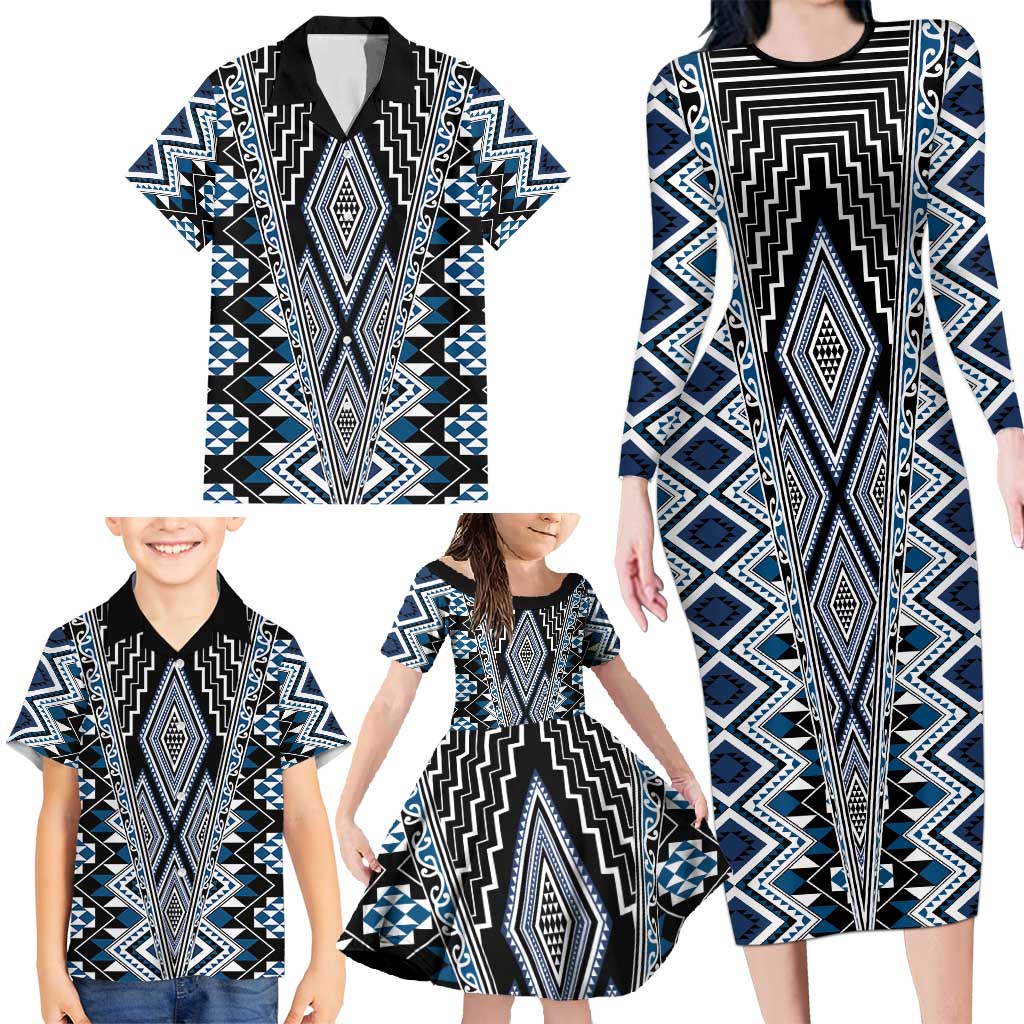Blue Aotearoa Tukutuku and Poutama Motif Family Matching Long Sleeve Bodycon Dress and Hawaiian Shirt LT03 - Polynesian Pride