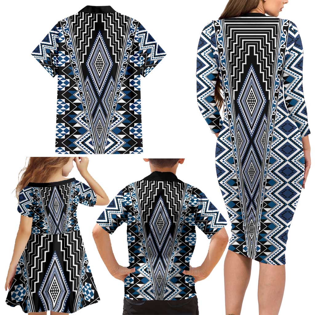 Blue Aotearoa Tukutuku and Poutama Motif Family Matching Long Sleeve Bodycon Dress and Hawaiian Shirt LT03 - Polynesian Pride