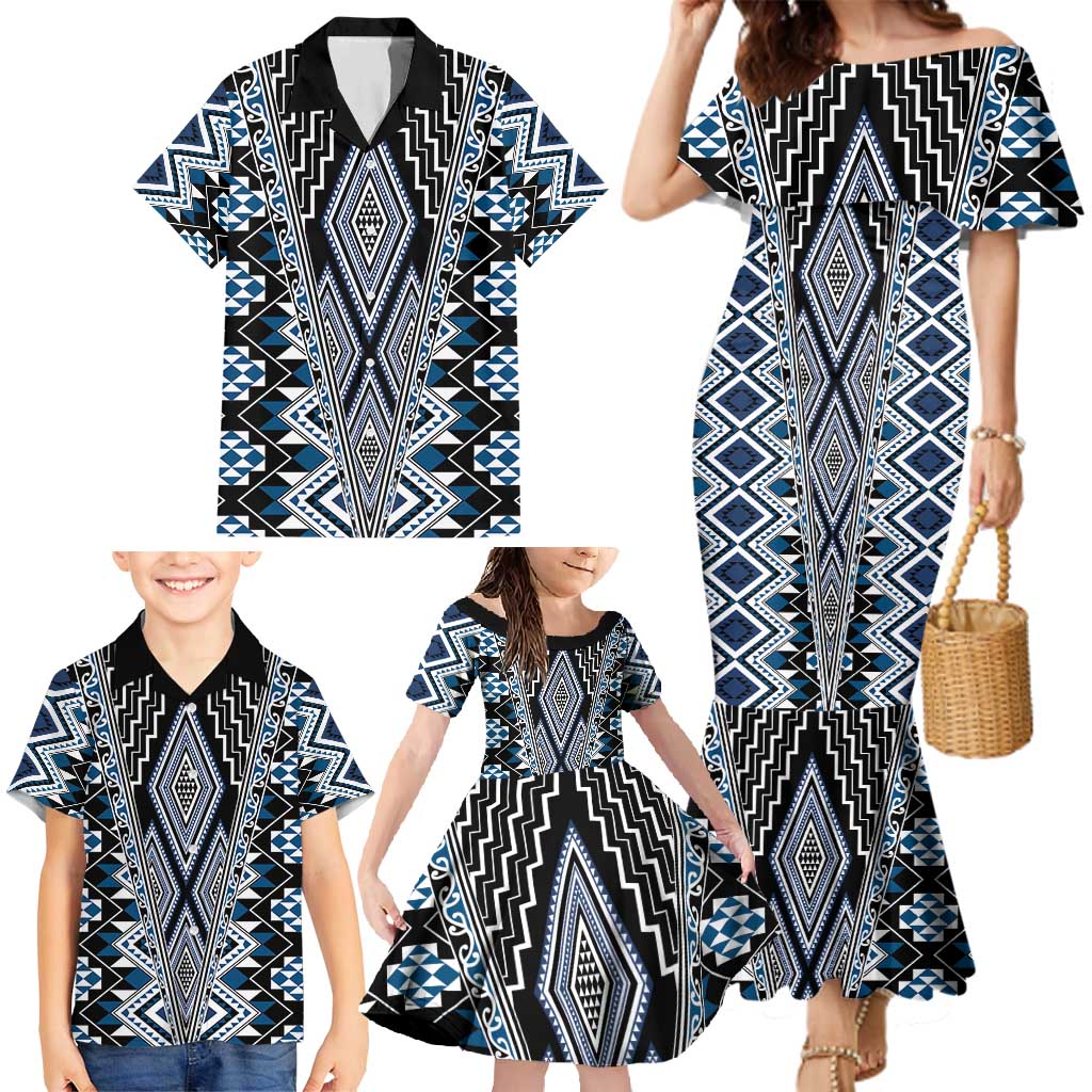 Blue Aotearoa Tukutuku and Poutama Motif Family Matching Mermaid Dress and Hawaiian Shirt LT03 - Polynesian Pride