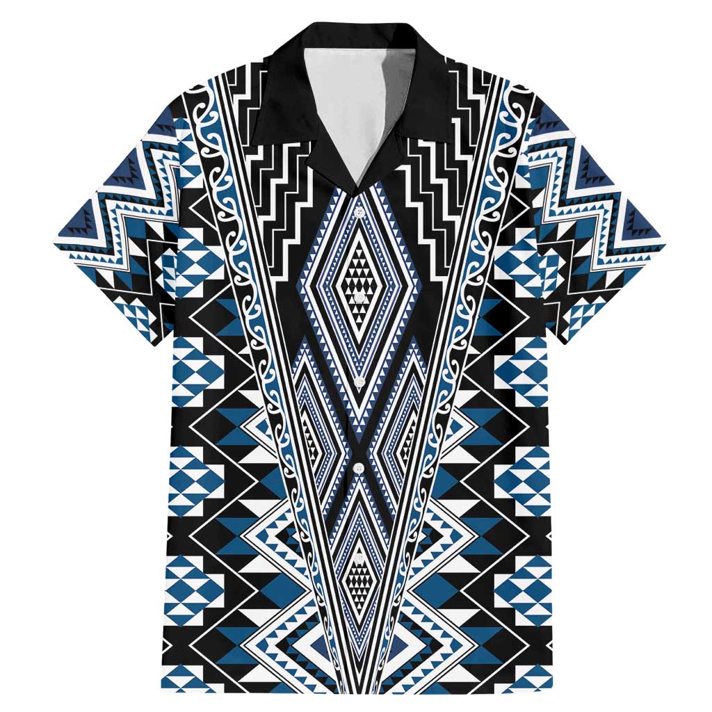 Blue Aotearoa Tukutuku and Poutama Motif Family Matching Mermaid Dress and Hawaiian Shirt LT03 Dad's Shirt - Short Sleeve Blue - Polynesian Pride