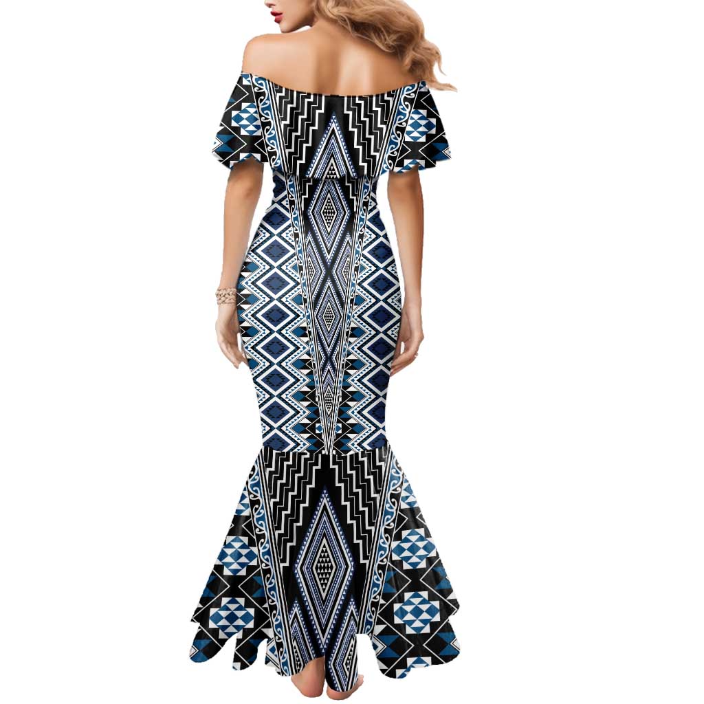 Blue Aotearoa Tukutuku and Poutama Motif Family Matching Mermaid Dress and Hawaiian Shirt LT03 - Polynesian Pride
