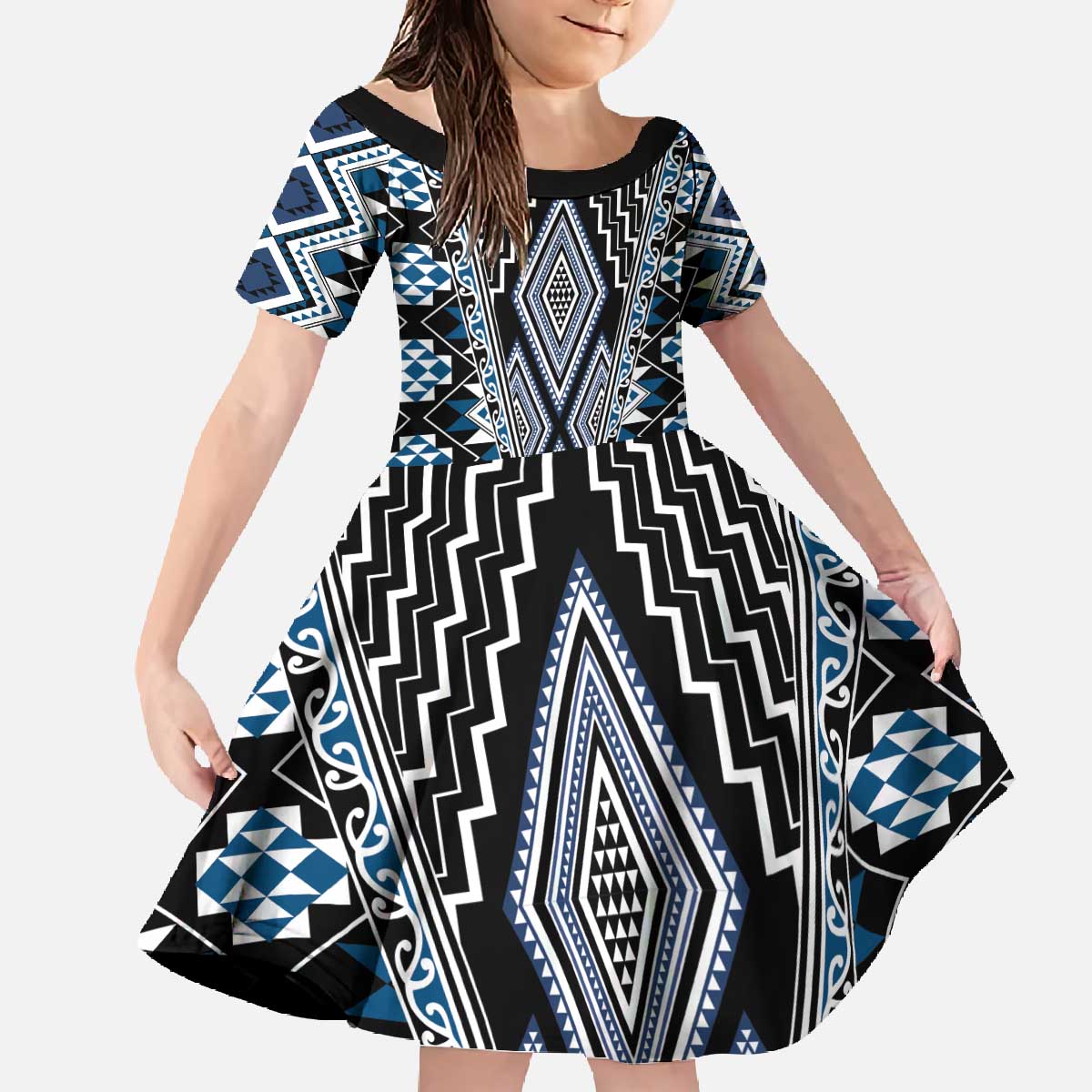 Blue Aotearoa Tukutuku and Poutama Motif Family Matching Off The Shoulder Long Sleeve Dress and Hawaiian Shirt