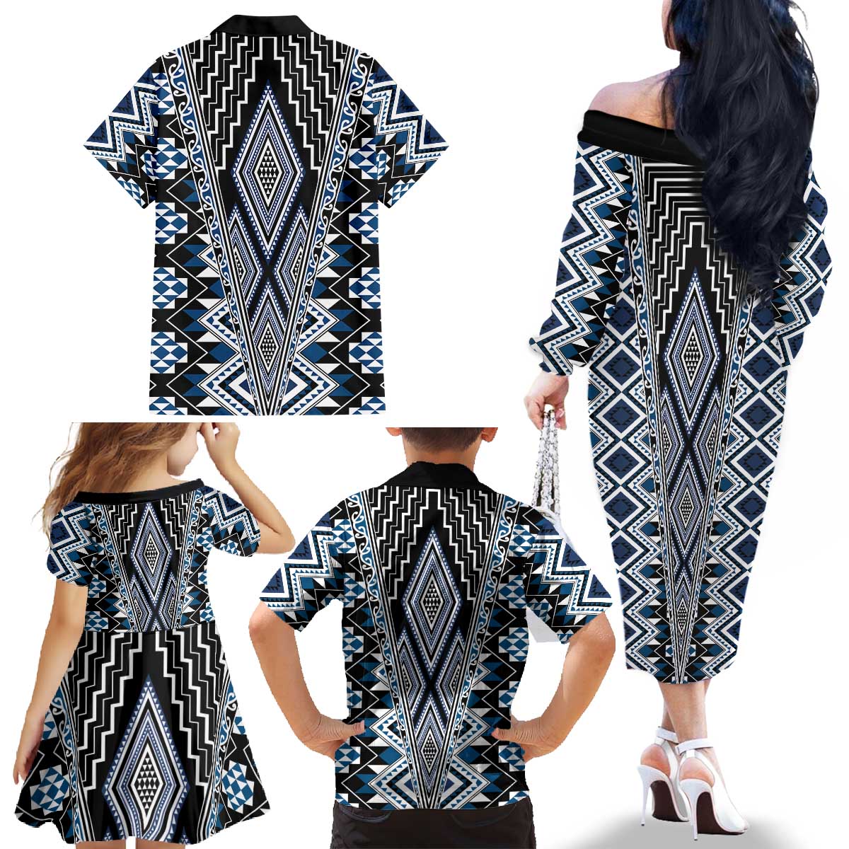 Blue Aotearoa Tukutuku and Poutama Motif Family Matching Off The Shoulder Long Sleeve Dress and Hawaiian Shirt