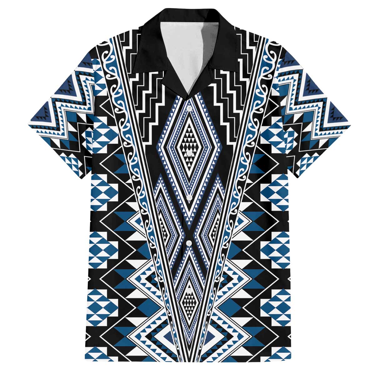 Blue Aotearoa Tukutuku and Poutama Motif Family Matching Off The Shoulder Long Sleeve Dress and Hawaiian Shirt