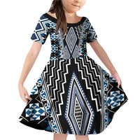 Blue Aotearoa Tukutuku and Poutama Motif Family Matching Off Shoulder Short Dress and Hawaiian Shirt LT03 Daughter's Dress Blue - Polynesian Pride