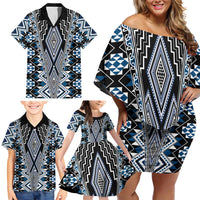 Blue Aotearoa Tukutuku and Poutama Motif Family Matching Off Shoulder Short Dress and Hawaiian Shirt LT03 - Polynesian Pride