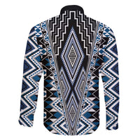 Blue Aotearoa Tukutuku and Poutama Motif Family Matching Off Shoulder Short Dress and Hawaiian Shirt LT03 - Polynesian Pride
