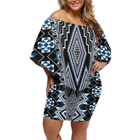 Blue Aotearoa Tukutuku and Poutama Motif Family Matching Off Shoulder Short Dress and Hawaiian Shirt LT03 Mom's Dress Blue - Polynesian Pride