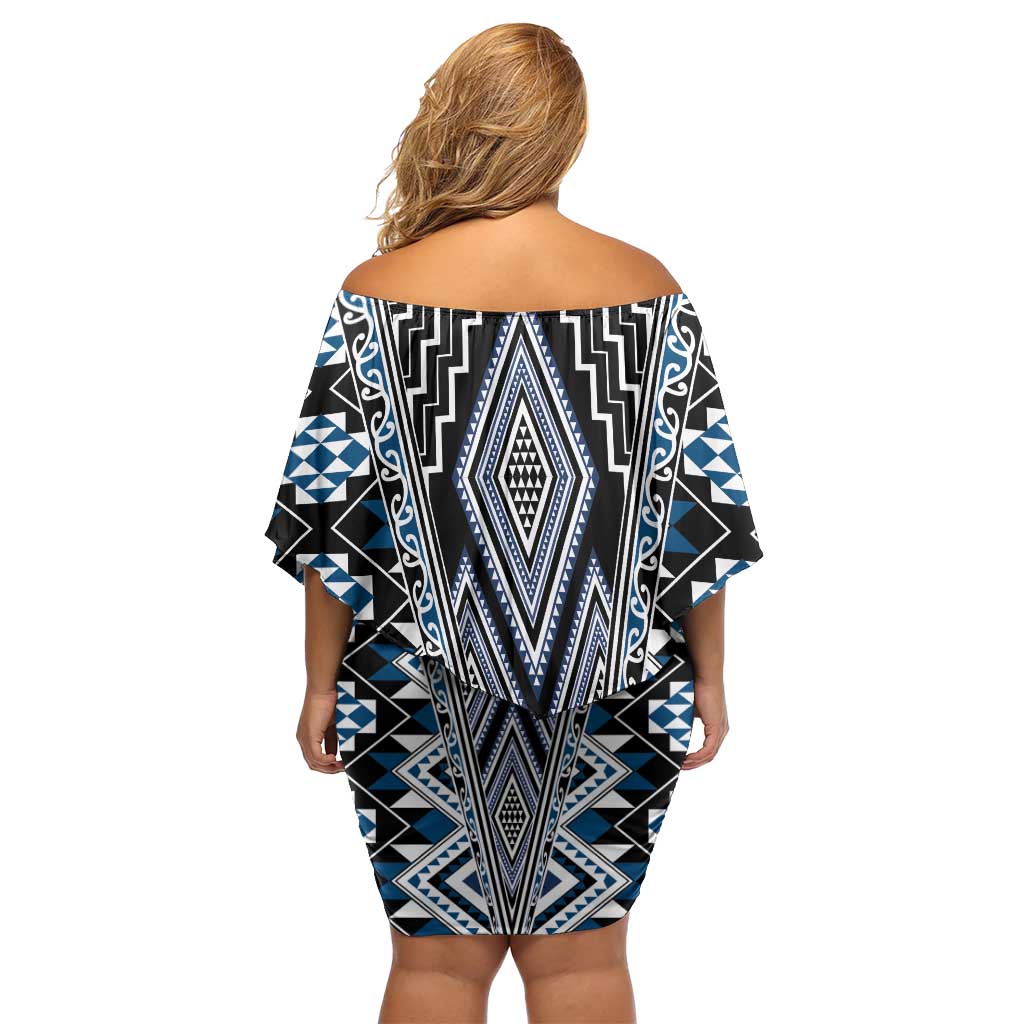 Blue Aotearoa Tukutuku and Poutama Motif Family Matching Off Shoulder Short Dress and Hawaiian Shirt LT03 - Polynesian Pride