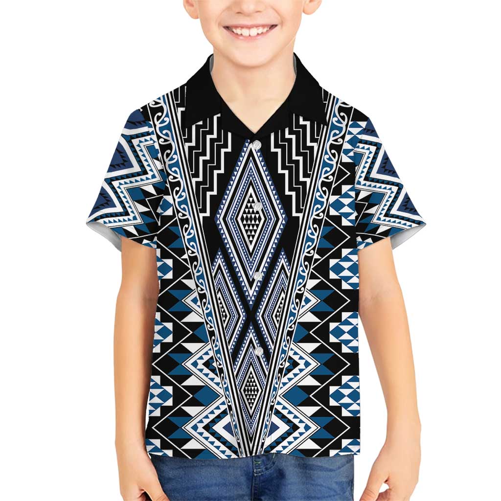 Blue Aotearoa Tukutuku and Poutama Motif Family Matching Off Shoulder Short Dress and Hawaiian Shirt LT03 Son's Shirt Blue - Polynesian Pride