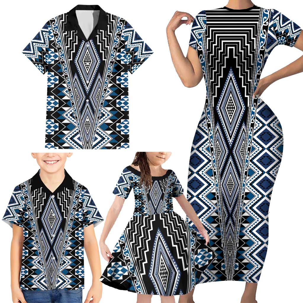 Blue Aotearoa Tukutuku and Poutama Motif Family Matching Short Sleeve Bodycon Dress and Hawaiian Shirt LT03 - Polynesian Pride
