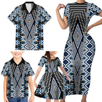 Blue Aotearoa Tukutuku and Poutama Motif Family Matching Short Sleeve Bodycon Dress and Hawaiian Shirt LT03 - Polynesian Pride
