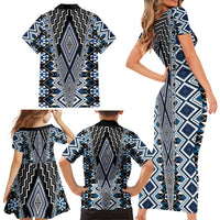 Blue Aotearoa Tukutuku and Poutama Motif Family Matching Short Sleeve Bodycon Dress and Hawaiian Shirt LT03 - Polynesian Pride