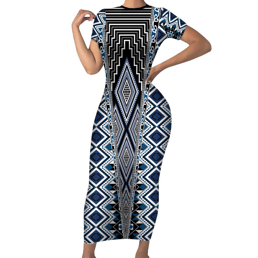 Blue Aotearoa Tukutuku and Poutama Motif Family Matching Short Sleeve Bodycon Dress and Hawaiian Shirt LT03 Mom's Dress Blue - Polynesian Pride