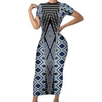 Blue Aotearoa Tukutuku and Poutama Motif Family Matching Short Sleeve Bodycon Dress and Hawaiian Shirt LT03 Mom's Dress Blue - Polynesian Pride