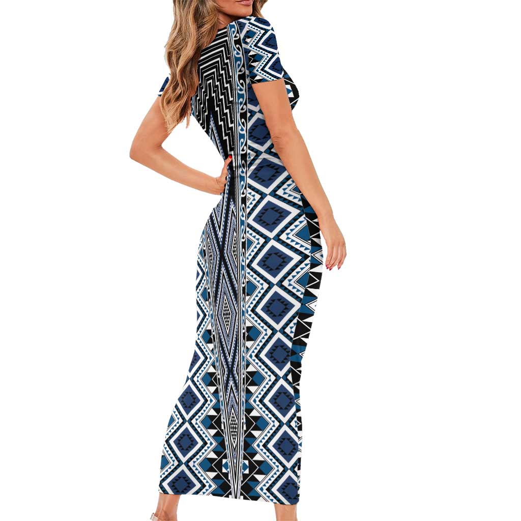 Blue Aotearoa Tukutuku and Poutama Motif Family Matching Short Sleeve Bodycon Dress and Hawaiian Shirt LT03 - Polynesian Pride