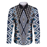 Blue Aotearoa Tukutuku and Poutama Motif Family Matching Summer Maxi Dress and Hawaiian Shirt LT03 Dad's Shirt - Long Sleeve Blue - Polynesian Pride