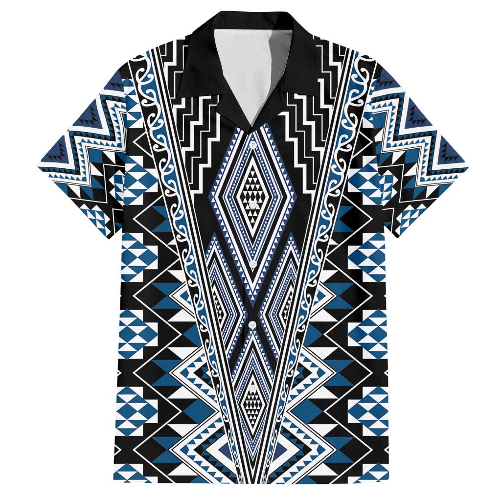 Blue Aotearoa Tukutuku and Poutama Motif Family Matching Tank Maxi Dress and Hawaiian Shirt LT03 Dad's Shirt - Short Sleeve Blue - Polynesian Pride
