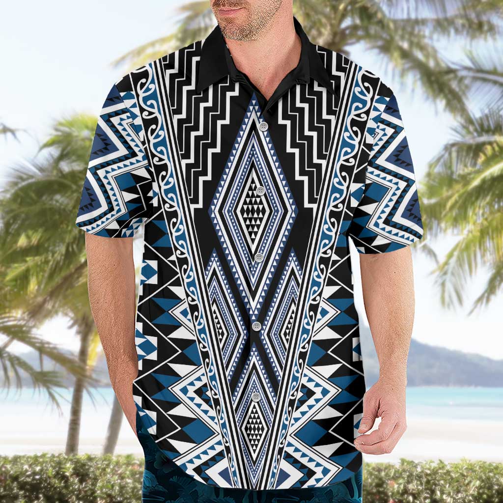 Blue Aotearoa Tukutuku and Poutama Motif Hawaiian Shirt