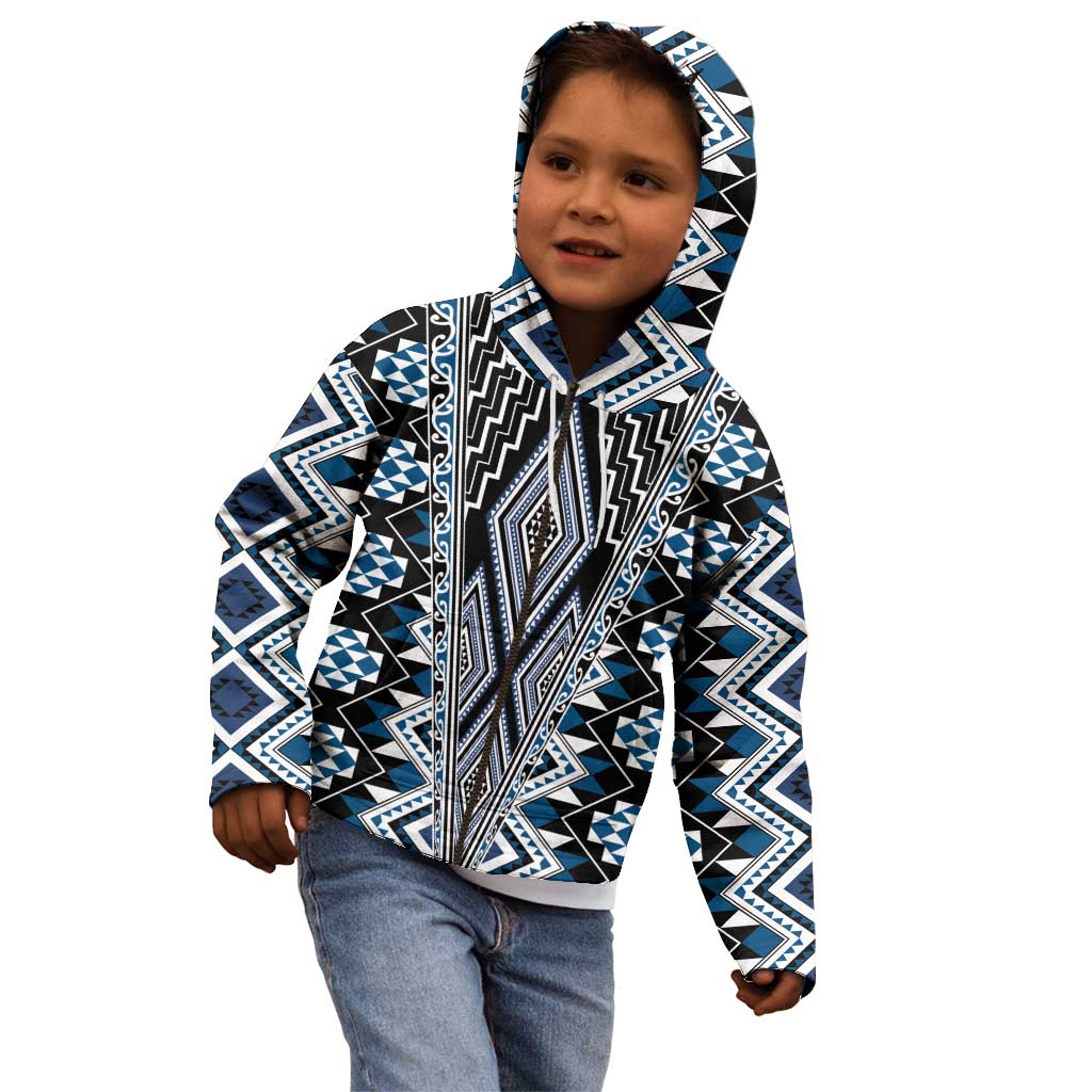 Blue Aotearoa Tukutuku and Poutama Motif Kid Hoodie