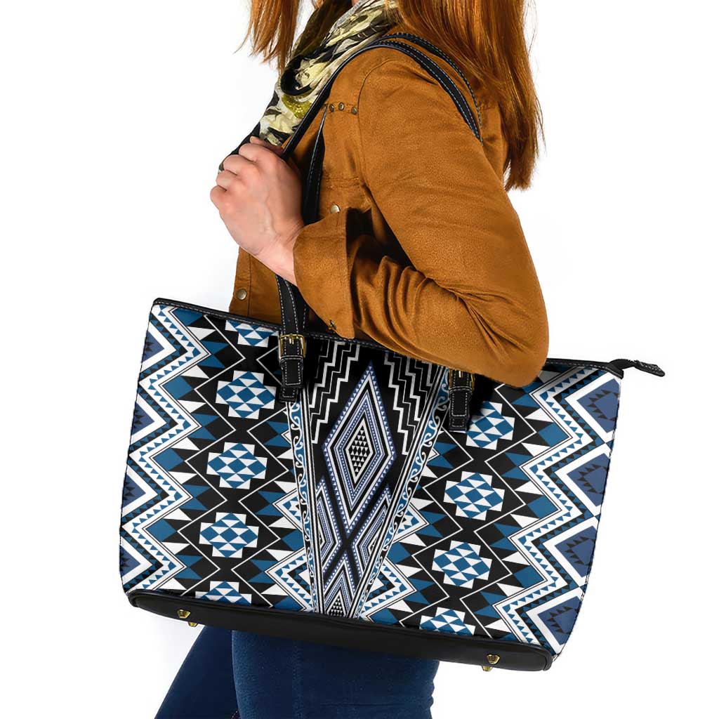 Blue Aotearoa Tukutuku and Poutama Motif Leather Tote Bag LT03 Blue - Polynesian Pride