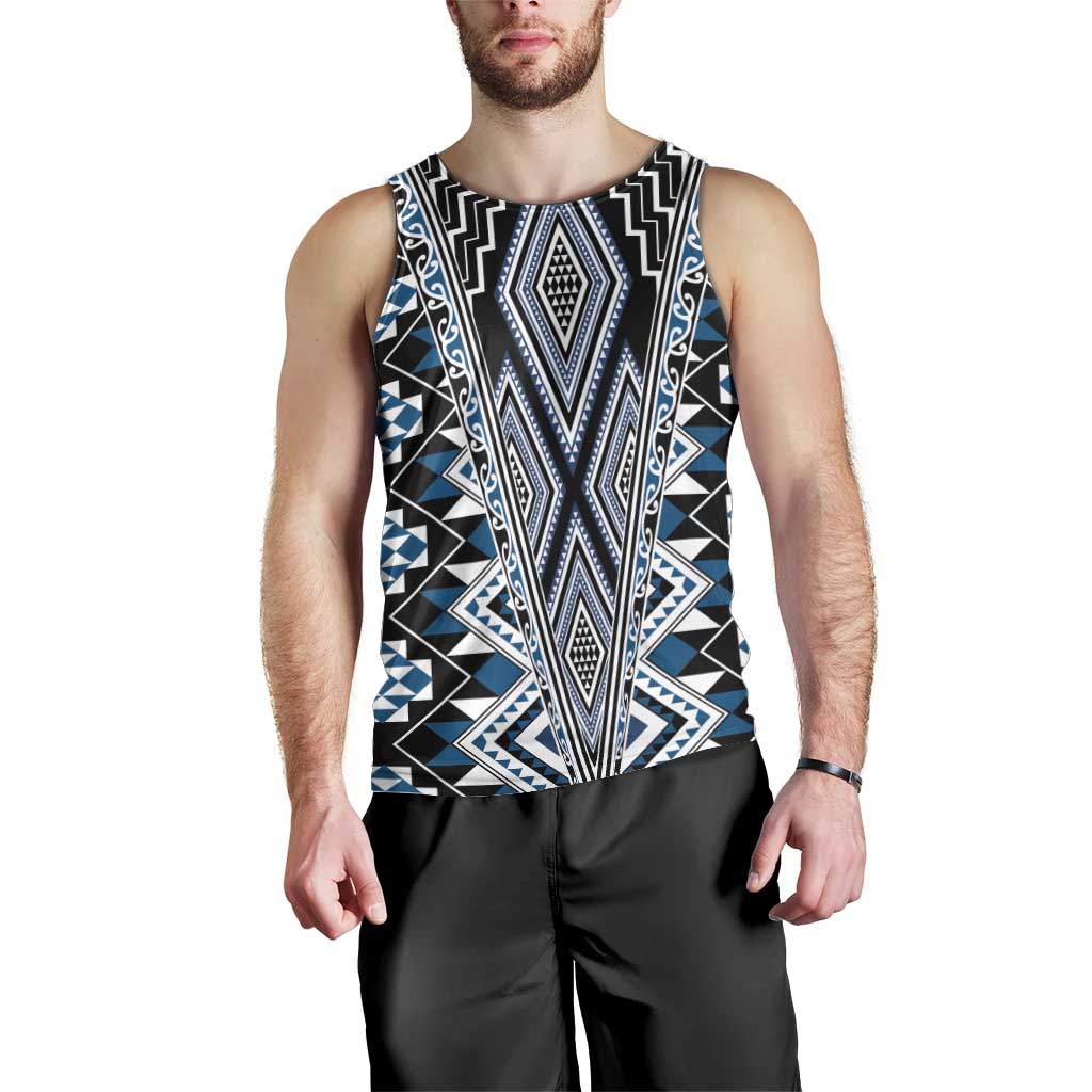 Blue Aotearoa Tukutuku and Poutama Motif Men Tank Top