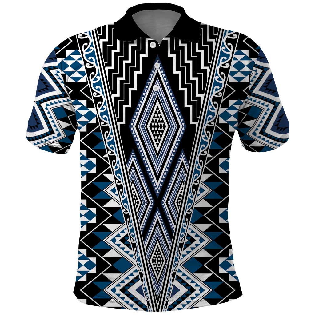Blue Aotearoa Tukutuku and Poutama Motif Polo Shirt