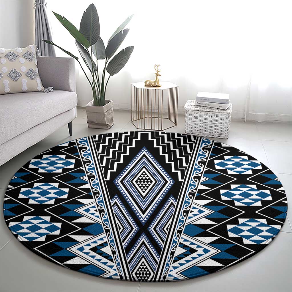 Blue Aotearoa Tukutuku and Poutama Motif Round Carpet