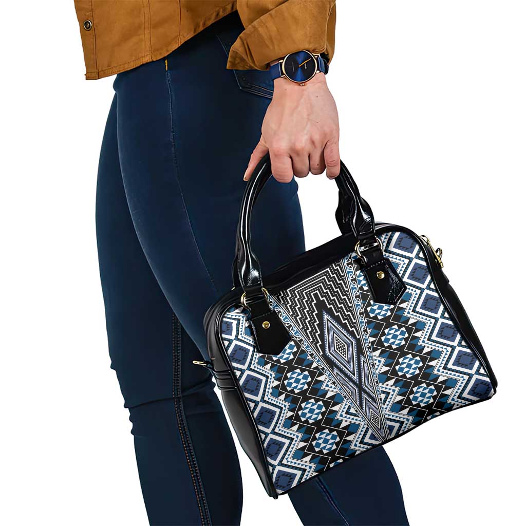 Blue Aotearoa Tukutuku and Poutama Motif Shoulder Handbag