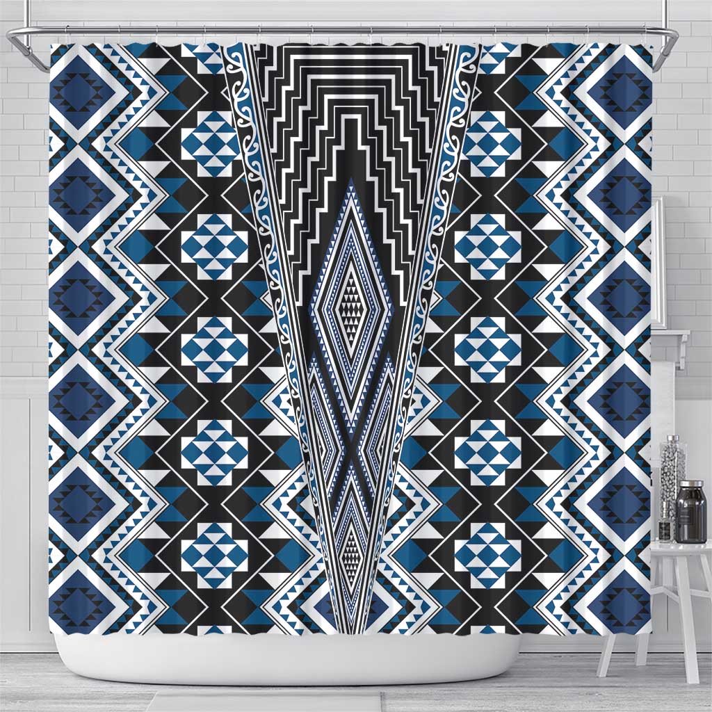 Blue Aotearoa Tukutuku and Poutama Motif Shower Curtain