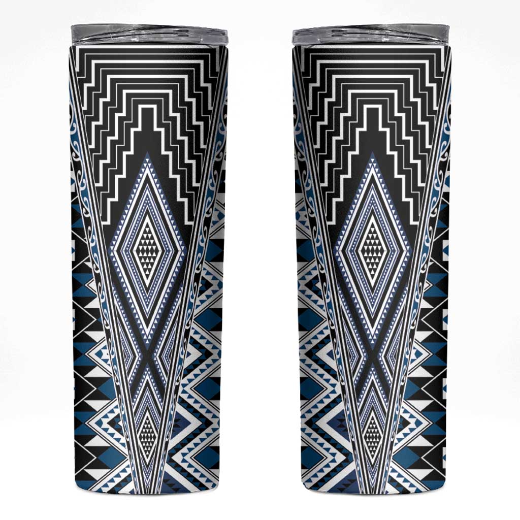 Blue Aotearoa Tukutuku and Poutama Motif Skinny Tumbler LT03 Blue - Polynesian Pride