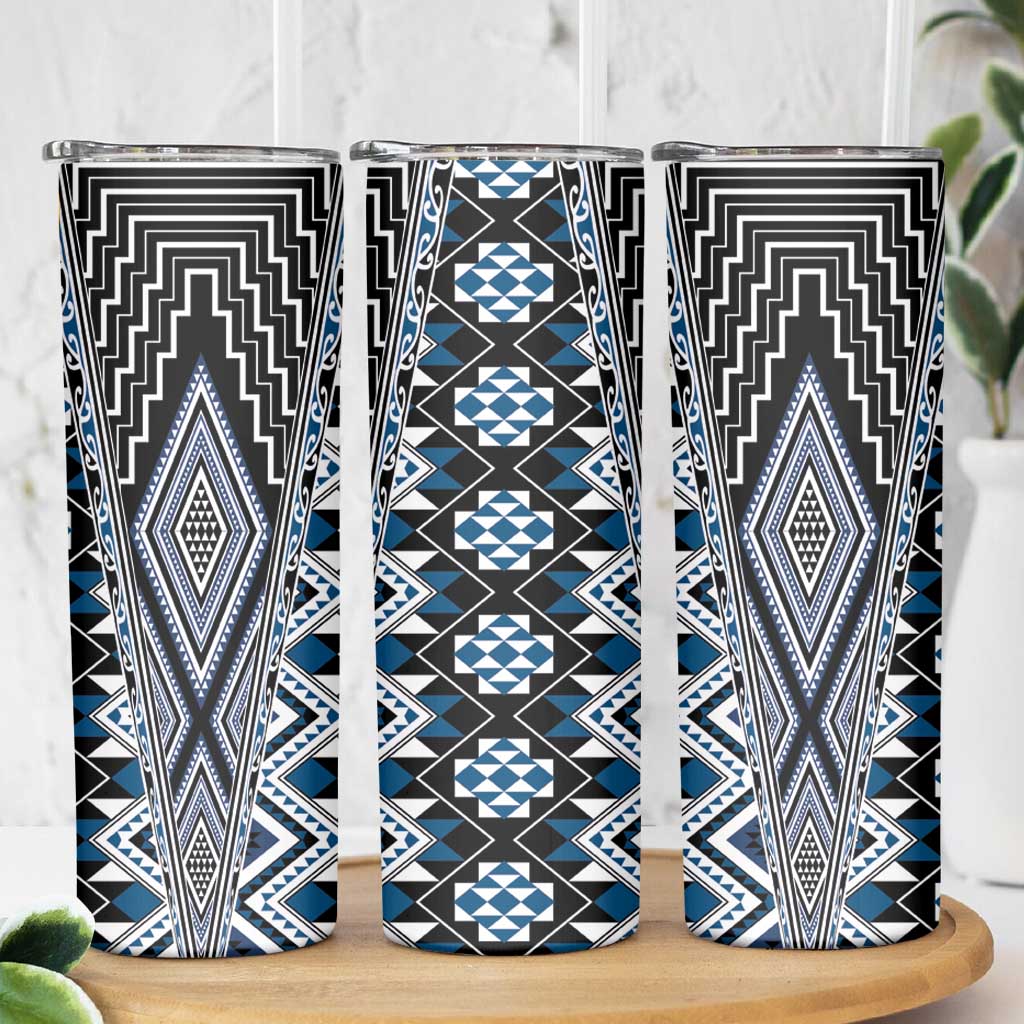Blue Aotearoa Tukutuku and Poutama Motif Skinny Tumbler LT03 - Polynesian Pride