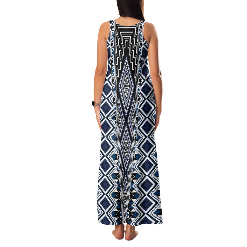 Blue Aotearoa Tukutuku and Poutama Motif Tank Maxi Dress