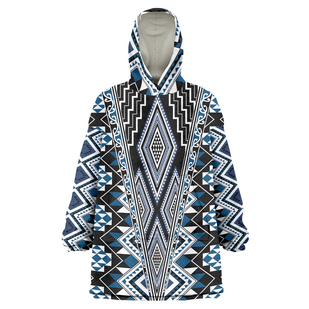 Blue Aotearoa Tukutuku and Poutama Motif Wearable Blanket Hoodie