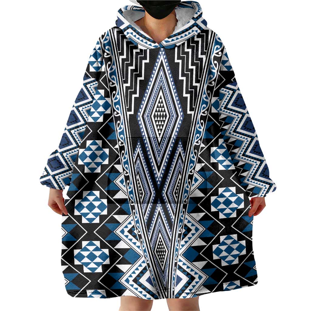 Blue Aotearoa Tukutuku and Poutama Motif Wearable Blanket Hoodie
