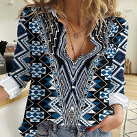 Blue Aotearoa Tukutuku and Poutama Motif Women Casual Shirt LT03 Female Blue - Polynesian Pride