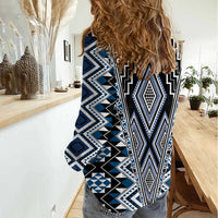 Blue Aotearoa Tukutuku and Poutama Motif Women Casual Shirt LT03 - Polynesian Pride