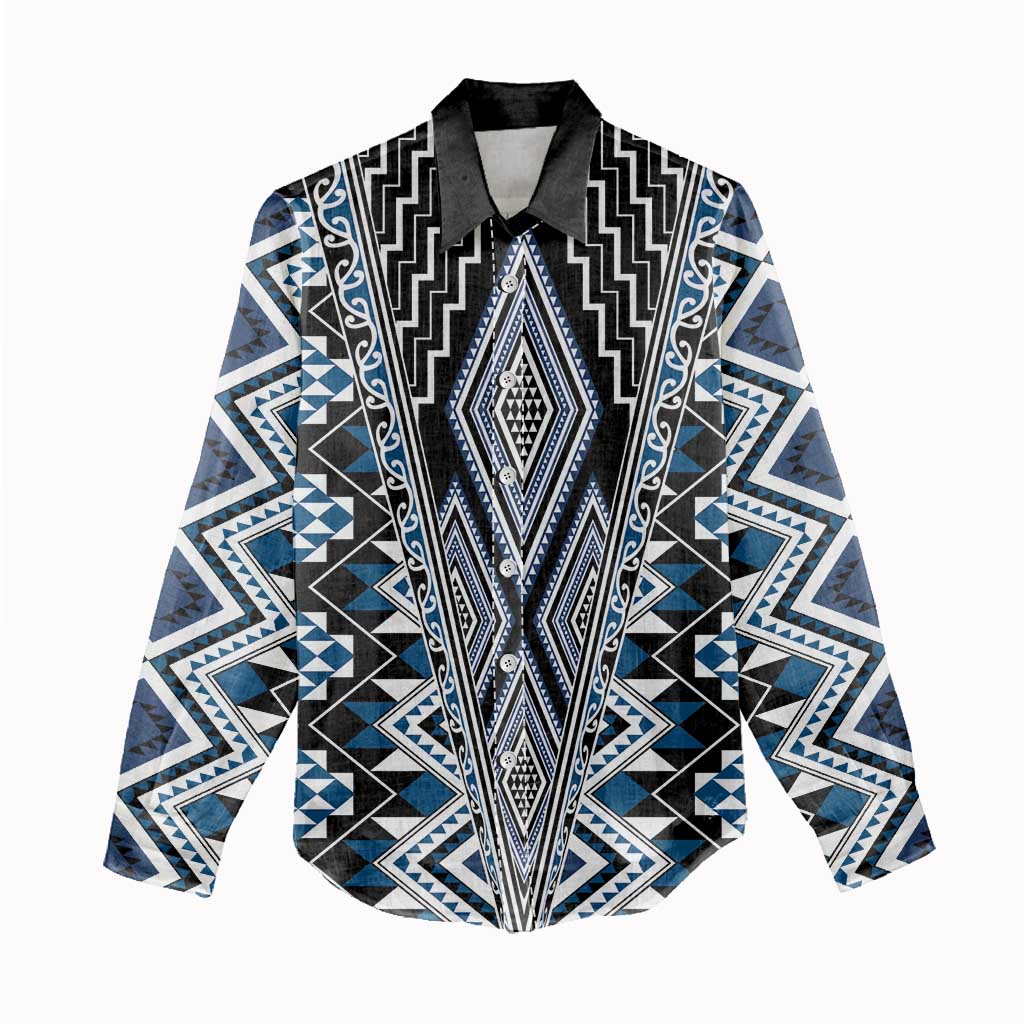 Blue Aotearoa Tukutuku and Poutama Motif Women Casual Shirt LT03 - Polynesian Pride