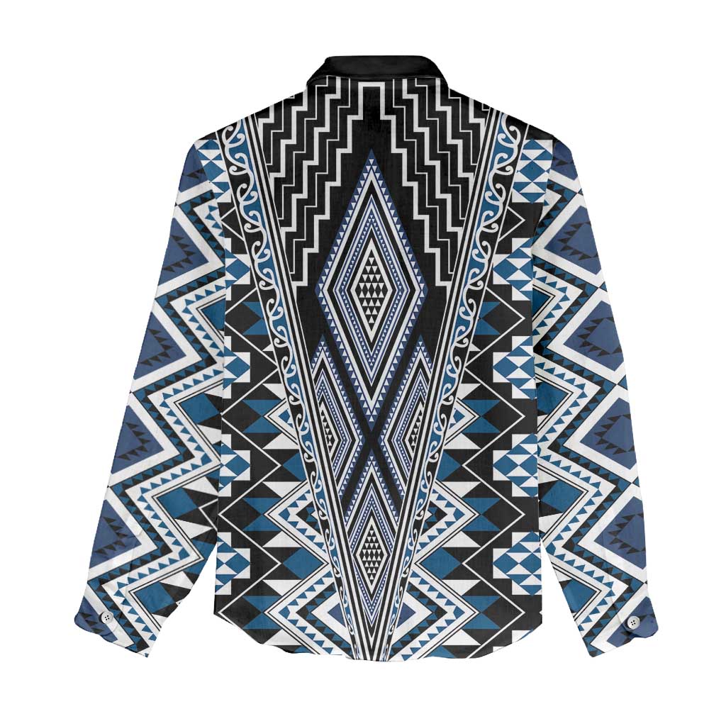 Blue Aotearoa Tukutuku and Poutama Motif Women Casual Shirt LT03 - Polynesian Pride