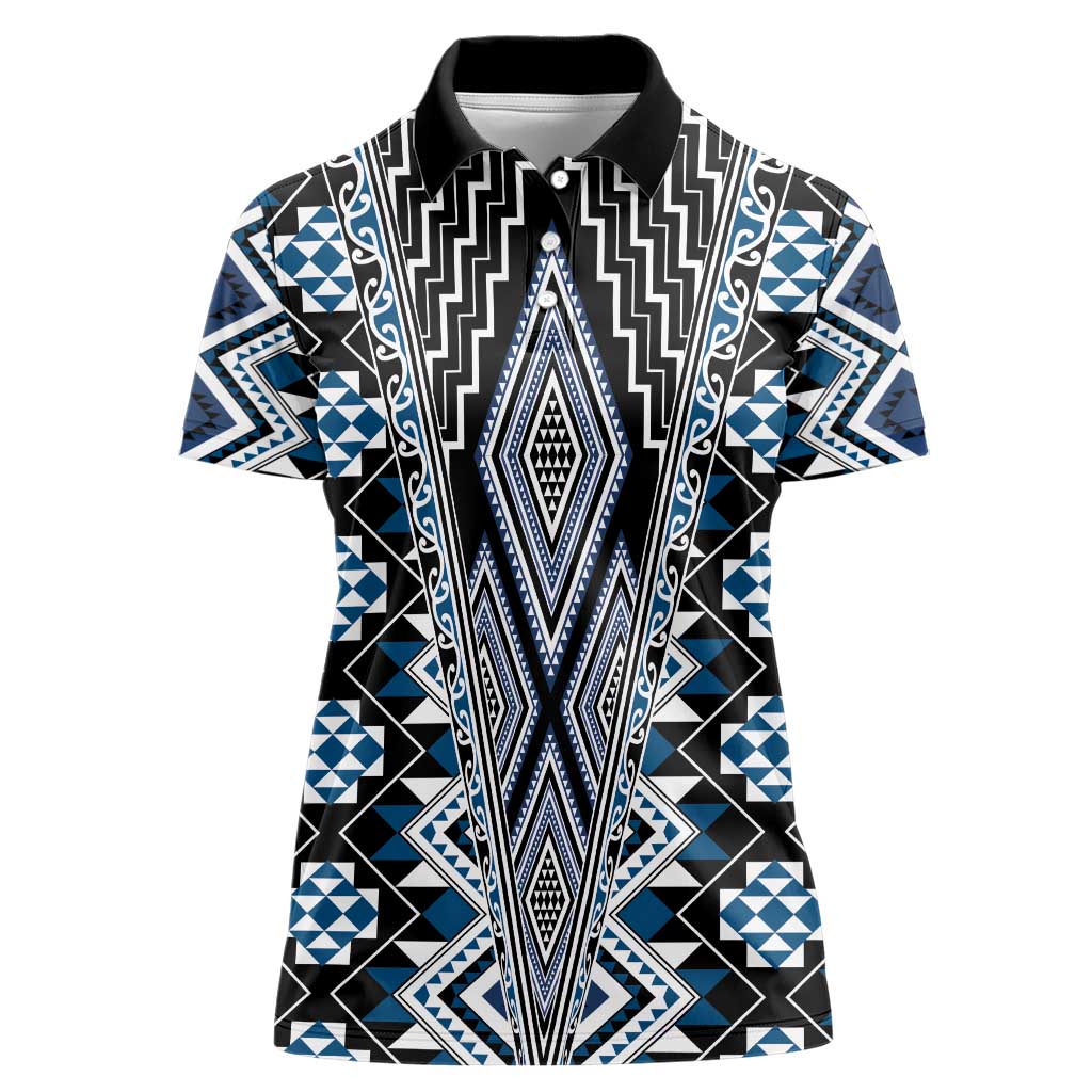 Blue Aotearoa Tukutuku and Poutama Motif Women Polo Shirt