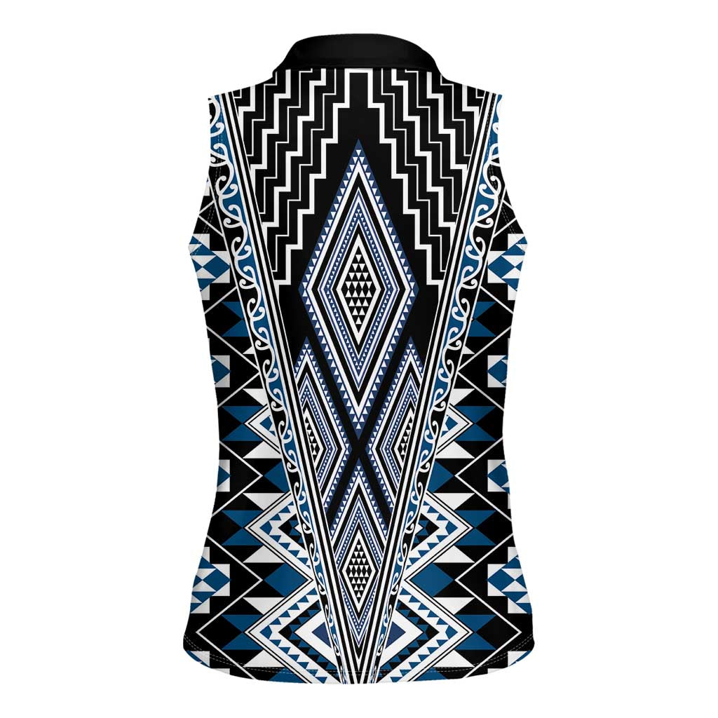 Blue Aotearoa Tukutuku and Poutama Motif Women Sleeveless Polo Shirt LT03 - Polynesian Pride